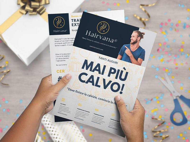 Mockup del finto voucher ironico di Augurino per trapianto di capelli, con scritta ‘Mai più calvo